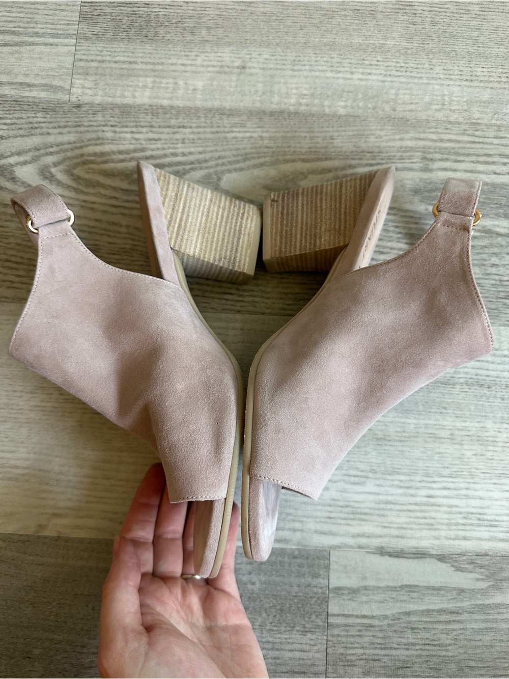 Stuart Weitzman Blush Suede Peep Toe Block Heeled Sandals 8.5 - Picture 10 of 14